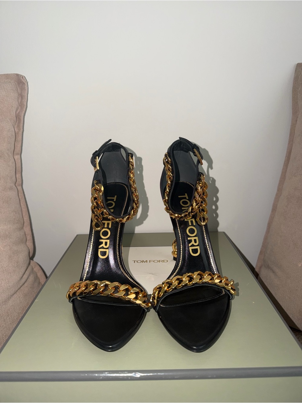 Tom Ford Black Leather Heeled Sandals with Gold Chain Trim